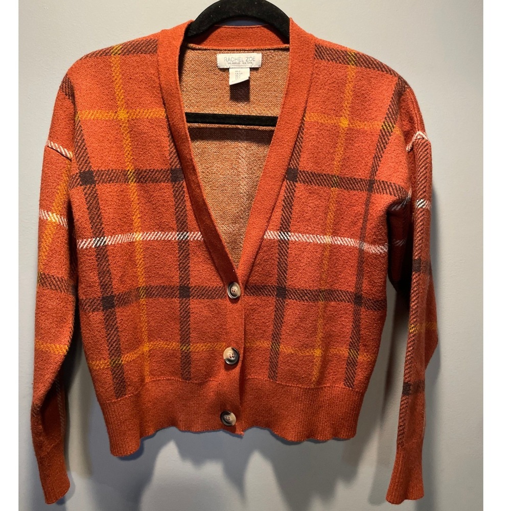 Rachel Zoe Burnt Orange Plaid V-Neck Cardigan Sweater Small Academia